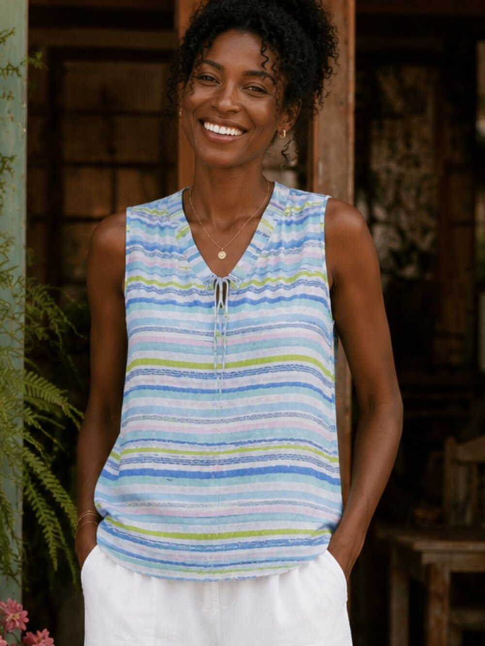 HIHO Linen Sleeveless Blouse Stripe Tie Neck Top